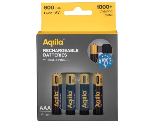 Aqiila USB‑C AAA Akku 600mAh – 4er Pack mit Case & 4‑in‑1 Kabel