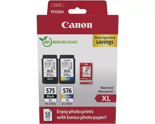 Canon PG-575XL Black + CL-576XL Color + 50 Blatt Fotopapier XL-Multipack