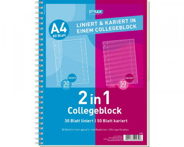 A4-Collegeblock 2in1 Weiss kariert/liniert