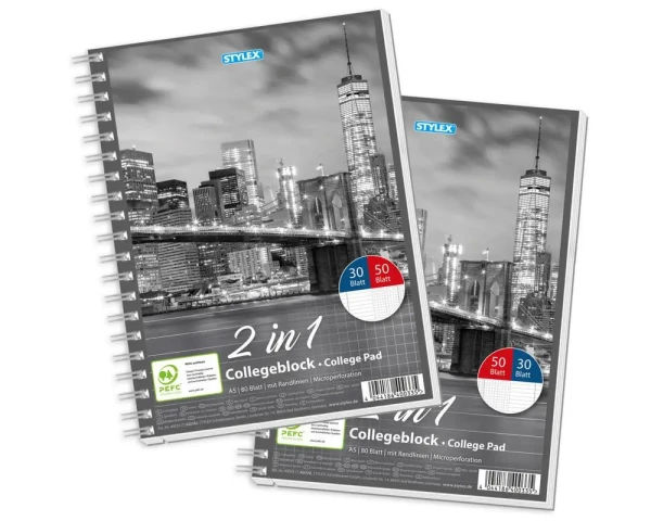 Stylex DIN A5-Collegeblock 2-in-1 50 Blatt kariert/ 30 Blatt liniert