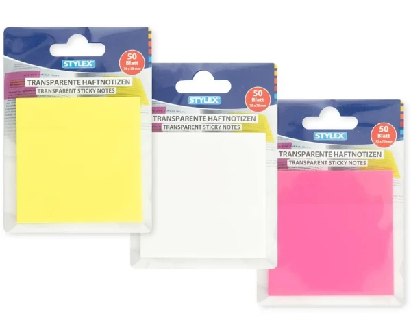 STYLEX Transparente Haftnotizen 50 Blatt 75x75mm farbig sortiert