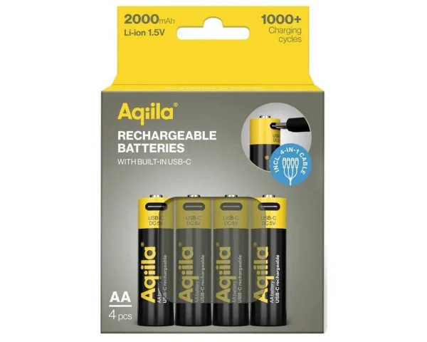 Aqiila USB‑C AA Akku 2000mAh – 4er Pack mit Case & 4‑in‑1 Kabel