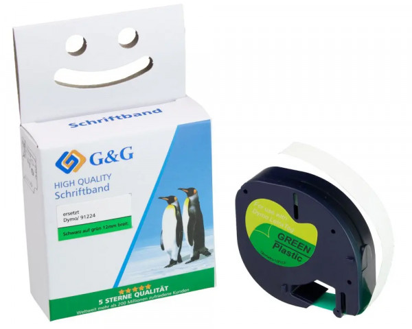 G&G Plastik-Schriftband ersetzt DYMO 91224 Schwarz auf Grün
