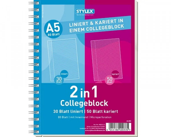 A5-Collegeblock 2in1 Weiss 50 Blatt kariert/ 30 Blatt liniert