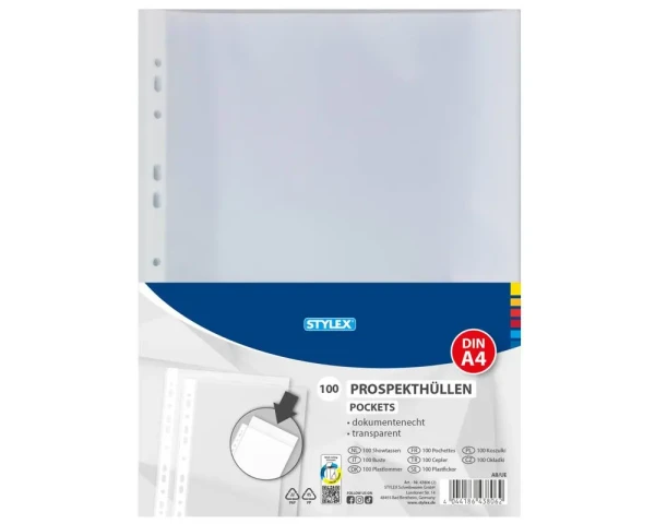 STYLEX Prospekthüllen DIN A4 – genarbt, dokumentenecht, 100 Stück