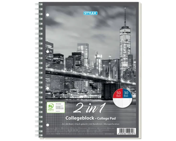 Stylex DIN A4-Collegeblock 2-in-1 kariert/liniert