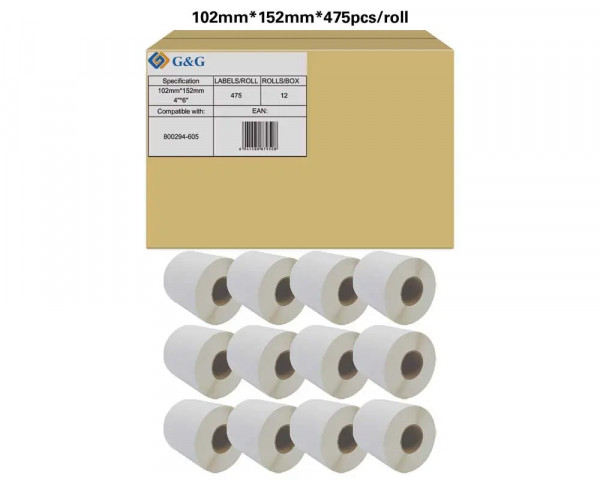 12 Stück kompatible Etikettenrollen ersetzt Zebra 800294-605 (475 Etiketten 102 x 152mm)