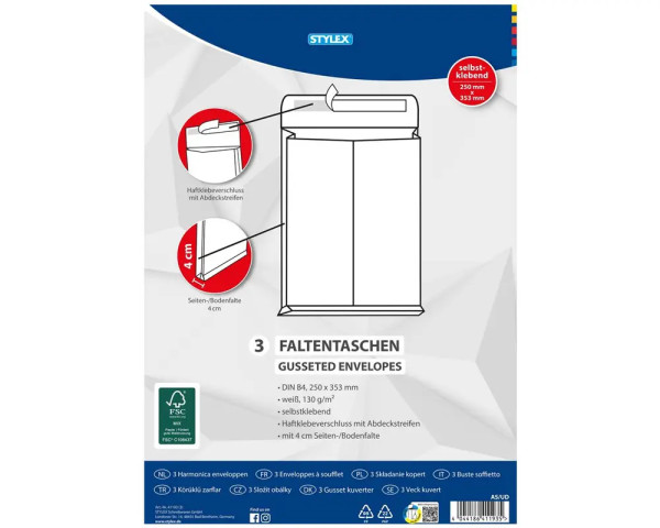 3 Versand-Falttaschen B4 ohne Fenster mit 4cm Falttiefe