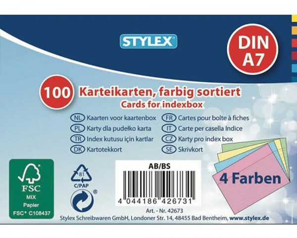 100 Karteikarten DIN-A7, liniert, farbig sortiert
